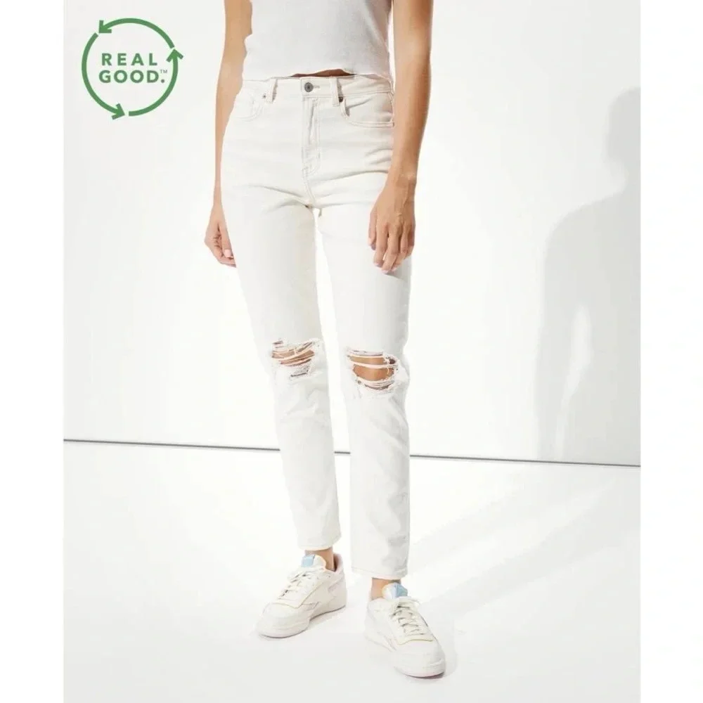American Eagle Mom Jeans Ivory White Distressed Super High Rise Denim 12 Women’s